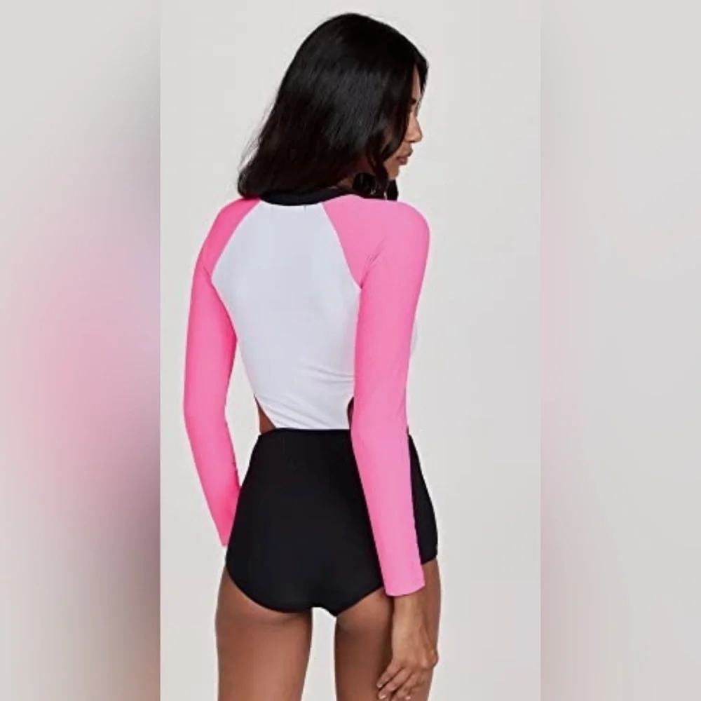 Beach Riot NWOT Women's‎ Pink/Black Bethany Rash Guard Long Sleeve Swimsuit Sz S - Picture 2 of 9